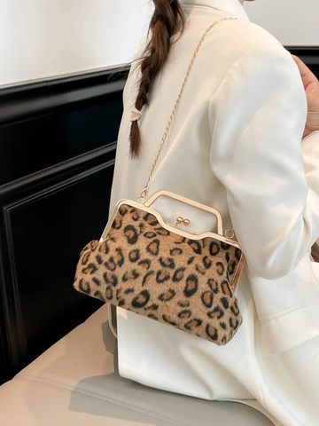 Sac à Main Vintage en Toile Imprimé Léopard Avec Fermoir Baiser Pour Femmes Sac Bandoulière Rétro à Chaîne