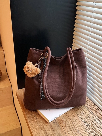 Vintage Große Kapazität Wildleder Optik Tragetasche Für Damen Leopardenmuster Matte Schultertasche Mit Plüschbär Anhänger