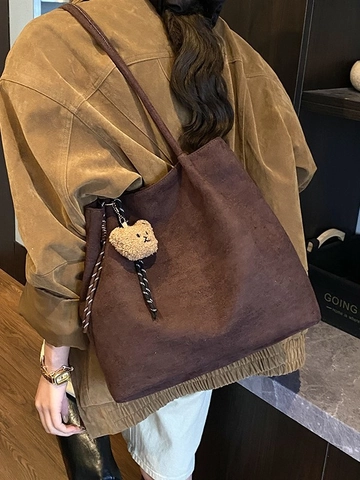 Vintage Große Kapazität Wildleder Optik Tragetasche Für Damen Leopardenmuster Matte Schultertasche Mit Plüschbär Anhänger