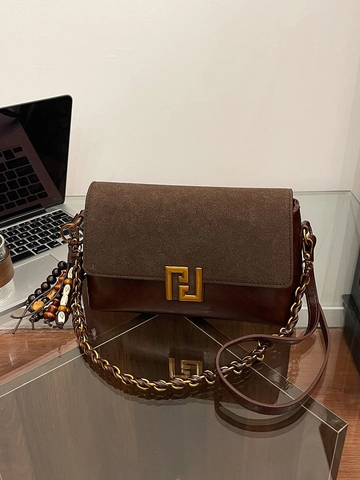 Vintage Women PU Leather Crossbody Bag Contrast Color Matte Small Square Shoulder Bag With Chain And Wooden Bead Pendant