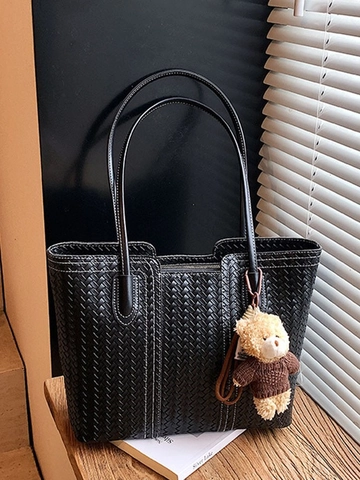 Geflochtene Tragetasche Große Kapazität PU Leder Umhängetasche Bärenanhänger Kontrastnaht Retro Mode Handtasche Für Damen