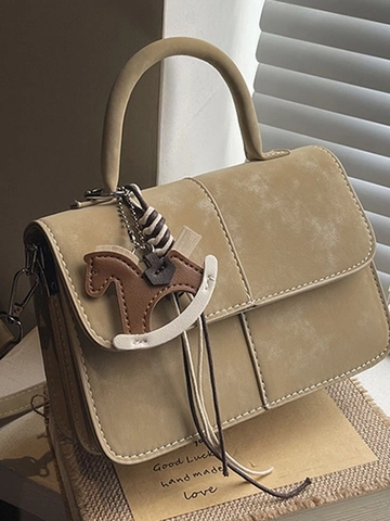 Women Retro PU Leather Small Square Crossbody Bag Vintage Contrast Stitching Handbag With Horse Charm Shoulder Bag