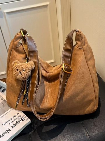 Women Vintage Suede Hobo Bag Large Capacity Tote Shoulder Bag With Cute Bear Pendant Casual College Style Daily Handbag
