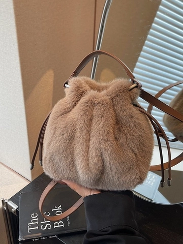 Women Faux Fur Plush Bucket Bag Fashion Soft Drawstring Handbag Casual Crossbody Bag Synthetic Leather Strap Small Winter Tote