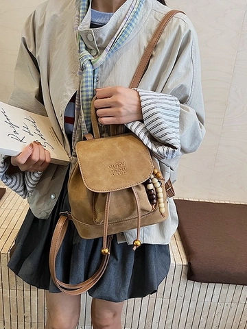Vintage Fashion PU Leather Backpack For Women Minimalist Debossed Letter Flap Drawstring Mini Backpack With Wooden Beads Decoration