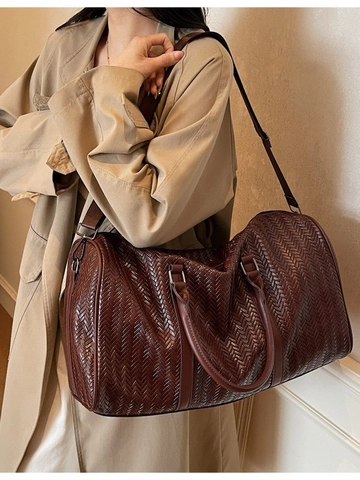 Large Capacity Woven Travel Bag PU Leather Handbag For Women Men Business Trip Luggage Shoulder Bag Tote Gym Bag