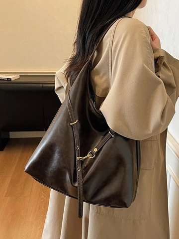 Sac Seau en Cuir PU de Grande Capacité pour Femmes Sac à Bandoulière Vintage Plissé Style Coréen Sac Hobo