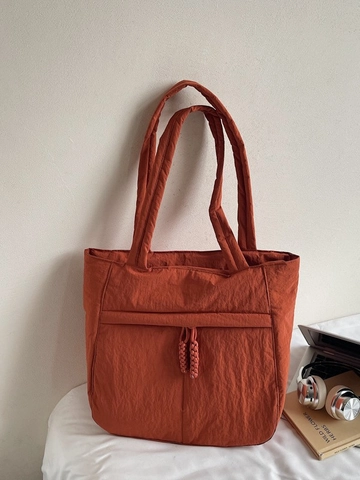 Large Capacity Nylon Puffer Tote Bag For Women Casual Soft Shoulder Bag With Front Pocket Woven Drawstring For Commute