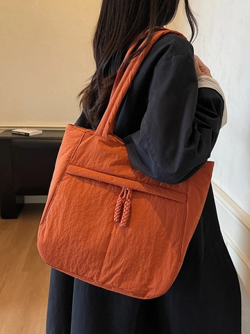 Large Capacity Nylon Puffer Tote Bag For Women Casual Soft Shoulder Bag With Front Pocket Woven Drawstring For Commute