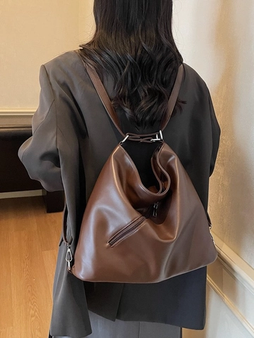 Women Retro PU Leather Large Capacity Tote Backpack Multi-functional Commute Shoulder Bag Casual Solid Color Handbag