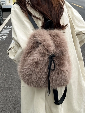 Mochila de Piel Sintética de Felpa de Moda para Mujer Bolsa de Escuela con Cordón de Gran Capacidad Mochila de Viaje Esponjosa para Niñas