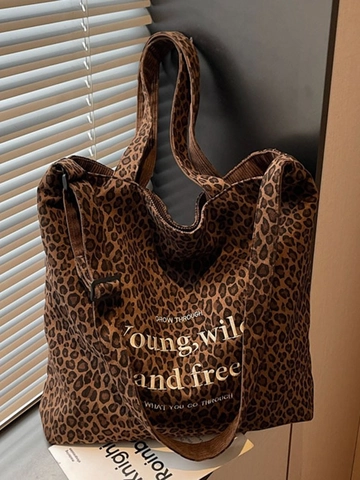 Bolso Tote de Lona con Estampado de Leopardo Retro para Mujer Bolso de Hombro de Gran Capacidad con Estampado de Letras Bolso de Compras Casual