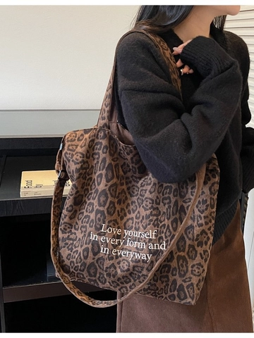 Bolso Tote de Lona con Estampado de Leopardo Retro para Mujer Bolso de Hombro de Gran Capacidad con Estampado de Letras Bolso de Compras Casual