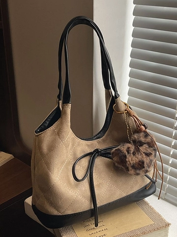 Vintage Women PU Leather Shoulder Bucket Bag Leopard Print Quilted Hobo Bag With Bow Plush Charm Commuting Fashion Handbag