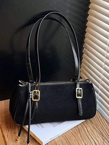 Sac à Bandoulière Rétro en Daim PU pour Femmes Sac Sous les Aisselles Baguette Vintage Sac à Main de Banlieue Avec Boucle Dorée Noir Rouge Brun Café NM-902