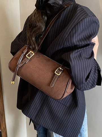Sac à Bandoulière Rétro en Daim PU pour Femmes Sac Sous les Aisselles Baguette Vintage Sac à Main de Banlieue Avec Boucle Dorée Noir Rouge Brun Café NM-902