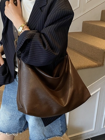 Borsa Tote in Pelle PU di Grande Capacità per Donna Minimalista Retro Morbida Borsa a Tracolla Pendolare Hobo Borsa a Mano