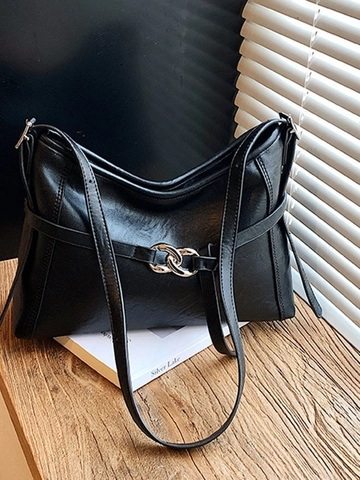 Borsa Tote da Donna Vintage in Pelle PU Grande Capacità Stile Coreano Minimalista Borsa a Tracolla Con Anelli in Metallo Decorativi