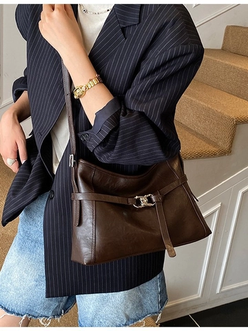 Borsa Tote da Donna Vintage in Pelle PU Grande Capacità Stile Coreano Minimalista Borsa a Tracolla Con Anelli in Metallo Decorativi