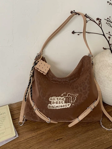 Vintage Leopard Print Women Backpack Large Capacity PU Leather Tote Shoulder Bag Casual Commuter School Bag With Charm