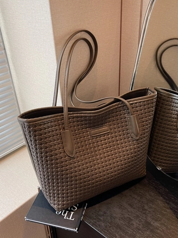 Große Kapazität Gewebte Tote Bag Für Damen PU Leder Unterarm Schultertasche Fashion Retro Pendeln Schule Einkaufstasche