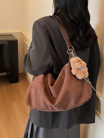 Casual Large Capacity Suede Shoulder Bag For Women Vintage Hobo Crossbody Bag With Plush Bear Pendant Fashion Dumpling Purse