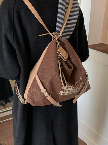 Vintage Leopard Print Women Backpack Large Capacity PU Leather Tote Shoulder Bag Casual Commuter School Bag With Charm