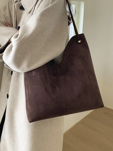 Bolso Bombonera de Cuir PU de Gran Capacidad para Mujer Textura de Gamuza Esmerilada Bolso de Hombro Retro Minimalista Color Sólido