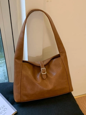 Women Retro PU Leather Tote Bag Large Capacity Minimalist Solid Color Shoulder Bag Metal Buckle Versatile Commute Underarm Bag