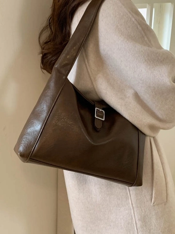 Women Retro PU Leather Tote Bag Large Capacity Minimalist Solid Color Shoulder Bag Metal Buckle Versatile Commute Underarm Bag