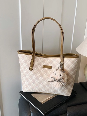 Women Plaid Tote Bag Large Capacity Shoulder Underarm Bag Vintage PU Leather Commuter Handbag With Plush Rabbit Charm Fashion Grid Bag