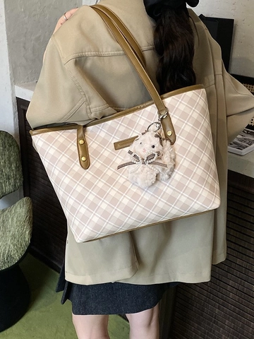 Women Plaid Tote Bag Large Capacity Shoulder Underarm Bag Vintage PU Leather Commuter Handbag With Plush Rabbit Charm Fashion Grid Bag