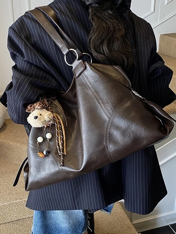 Borsa Tote in Pelle PU a Grande Capacità Vintage per Donna Pendolarismo Borsa a Tracolla Versatile Con Dettaglio di Cuciture a Pieghe