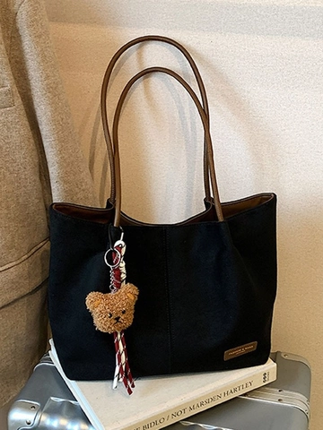 Women Suede Textured PU Leather Large Capacity Tote Bag Commuting Shoulder Bag Handbag And Pouch With Bear Pendant Decor