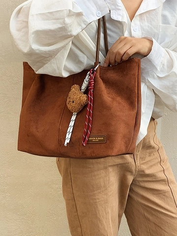 Women Suede Textured PU Leather Large Capacity Tote Bag Commuting Shoulder Bag Handbag And Pouch With Bear Pendant Decor