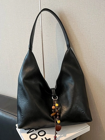 Bolso Tote de Cuero PU Retro de Gran Capacidad para Mujer Bolso de Hombro Casual Vintage Con Borla de Madera Hobo Blando