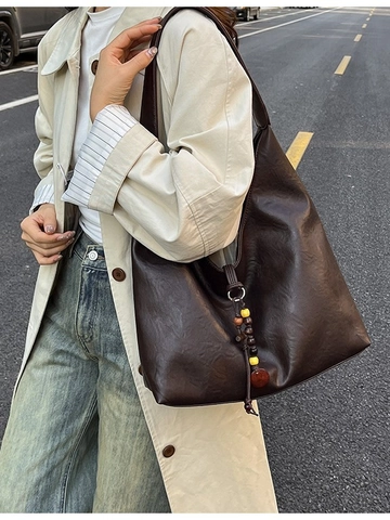 Bolso Tote de Cuero PU Retro de Gran Capacidad para Mujer Bolso de Hombro Casual Vintage Con Borla de Madera Hobo Blando