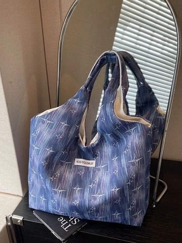 Damen Casual Segeltuch Achseltasche Große Kapazität Sternenreich Stern Druck Tote Bag Für Pendeln Täglich Einkaufen Student Schultertasche