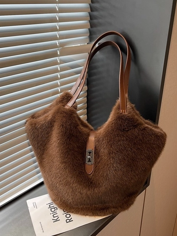 Borsa Tote in Peluche a Grande Capacità da Donna Borsa Sottobraccio in Pelliccia Sintetica Autunno Inverno Calda Borsa a Spalla