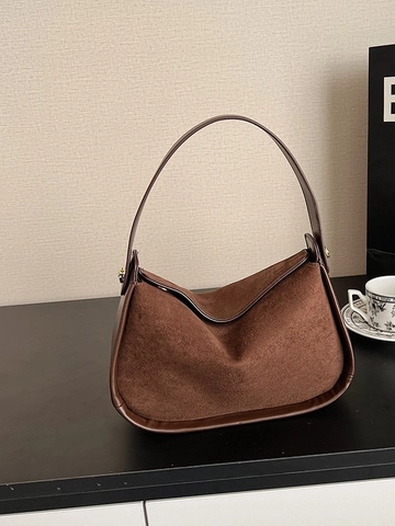 Women Vintage PU Suede Hobo Bag Retro Half Moon Shoulder Crossbody Bag Minimalist Patchwork Stitching Daily Commute Underarm Tote