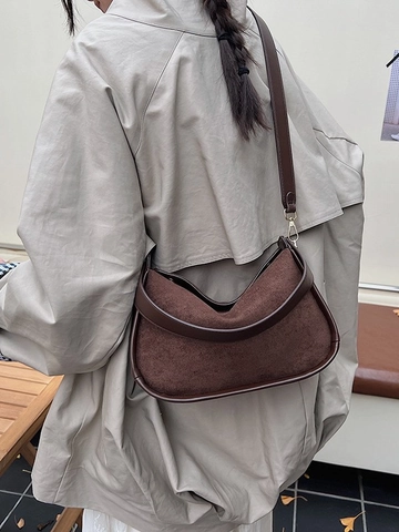Women Vintage PU Suede Hobo Bag Retro Half Moon Shoulder Crossbody Bag Minimalist Patchwork Stitching Daily Commute Underarm Tote