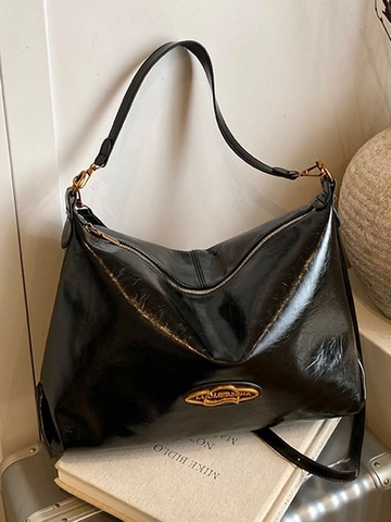 Bolso Bandolera de Cuero PU Retro para Mujer Bolso Tote Hobo de Gran Capacidad Acabado Brillante Costura Bolso de Hombro para Diario