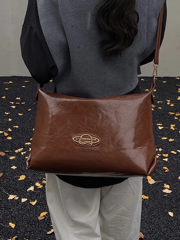 Bolso Bandolera de Cuero PU Retro para Mujer Bolso Tote Hobo de Gran Capacidad Acabado Brillante Costura Bolso de Hombro para Diario