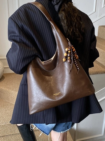 Borsa Hobo in Pelle PU Grande Capacità Donna Vintage Casual Stampa Leopardata Tote Sottoascella Tracolla con Pendaglio in Perline di Legno