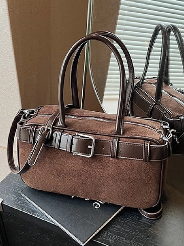 Borsa a Tracolla Patchwork in Camoscio Vintage Per Donna Fibbia della Cintura Grande Capacità Borsa a Mano Quotidiana