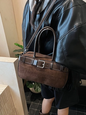 Borsa a Tracolla Patchwork in Camoscio Vintage Per Donna Fibbia della Cintura Grande Capacità Borsa a Mano Quotidiana