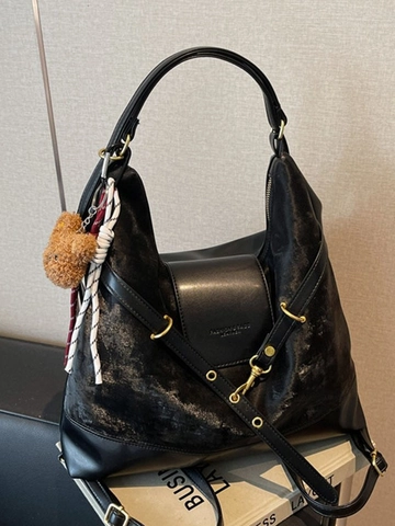 Damen Wildlederimitat Patchwork Tragetasche Rucksack Große Kapazität Retro PU Leder Umhängetasche Mit Plüschbär Anhänger Tasche
