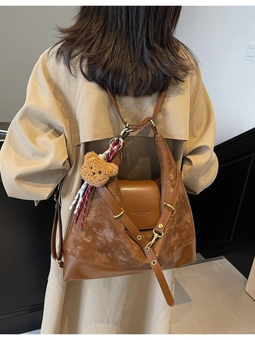 Damen Wildlederimitat Patchwork Tragetasche Rucksack Große Kapazität Retro PU Leder Umhängetasche Mit Plüschbär Anhänger Tasche