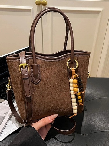 Vintage Damen PU Beuteltasche Mit Holzperlen Anhänger Retro Umhängetasche Leopardenmuster Wildlederoptik Schulter Handtasche