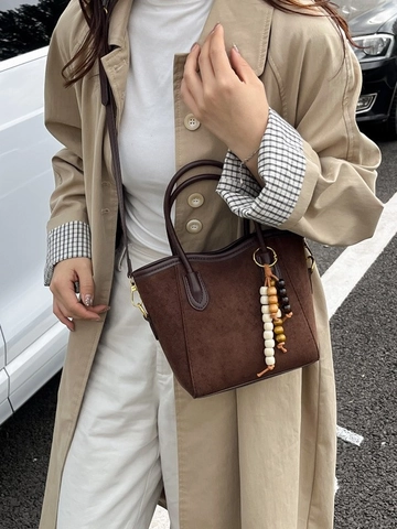 Vintage Damen PU Beuteltasche Mit Holzperlen Anhänger Retro Umhängetasche Leopardenmuster Wildlederoptik Schulter Handtasche